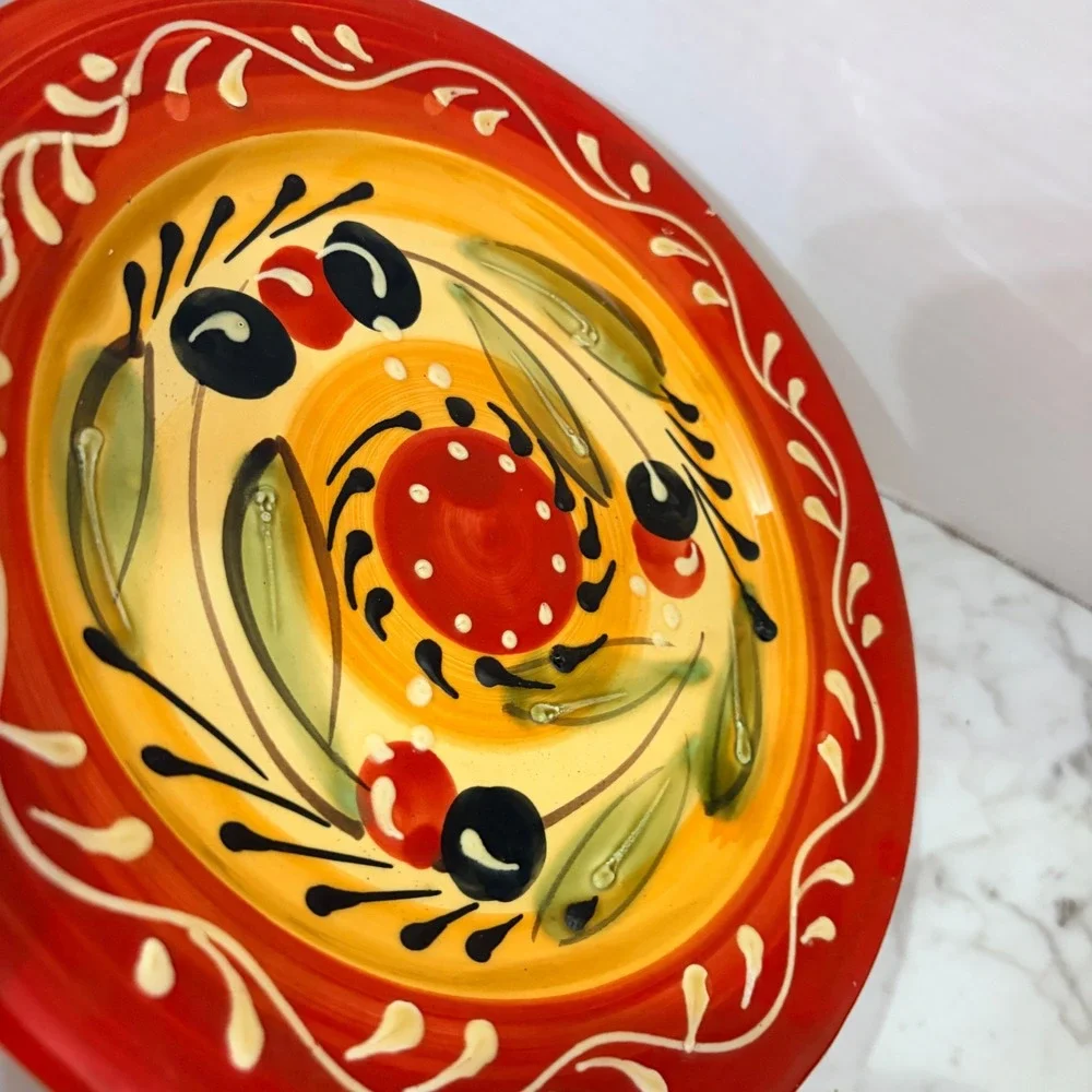 Pier 1 Imports Olive Salad Plate Hand Painted‎ Ceramic Spain Red Yellow 8.5 Inch
